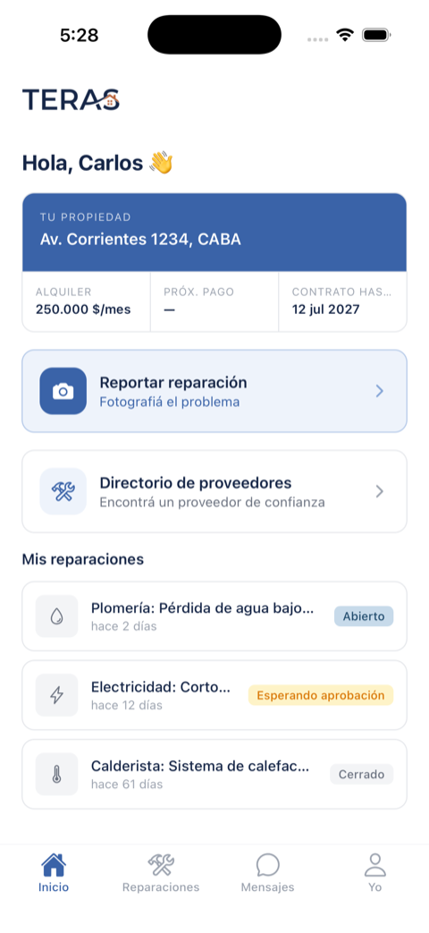 Captura de la app móvil de Teras: pantalla de inicio del inquilino con su propiedad y reparaciones